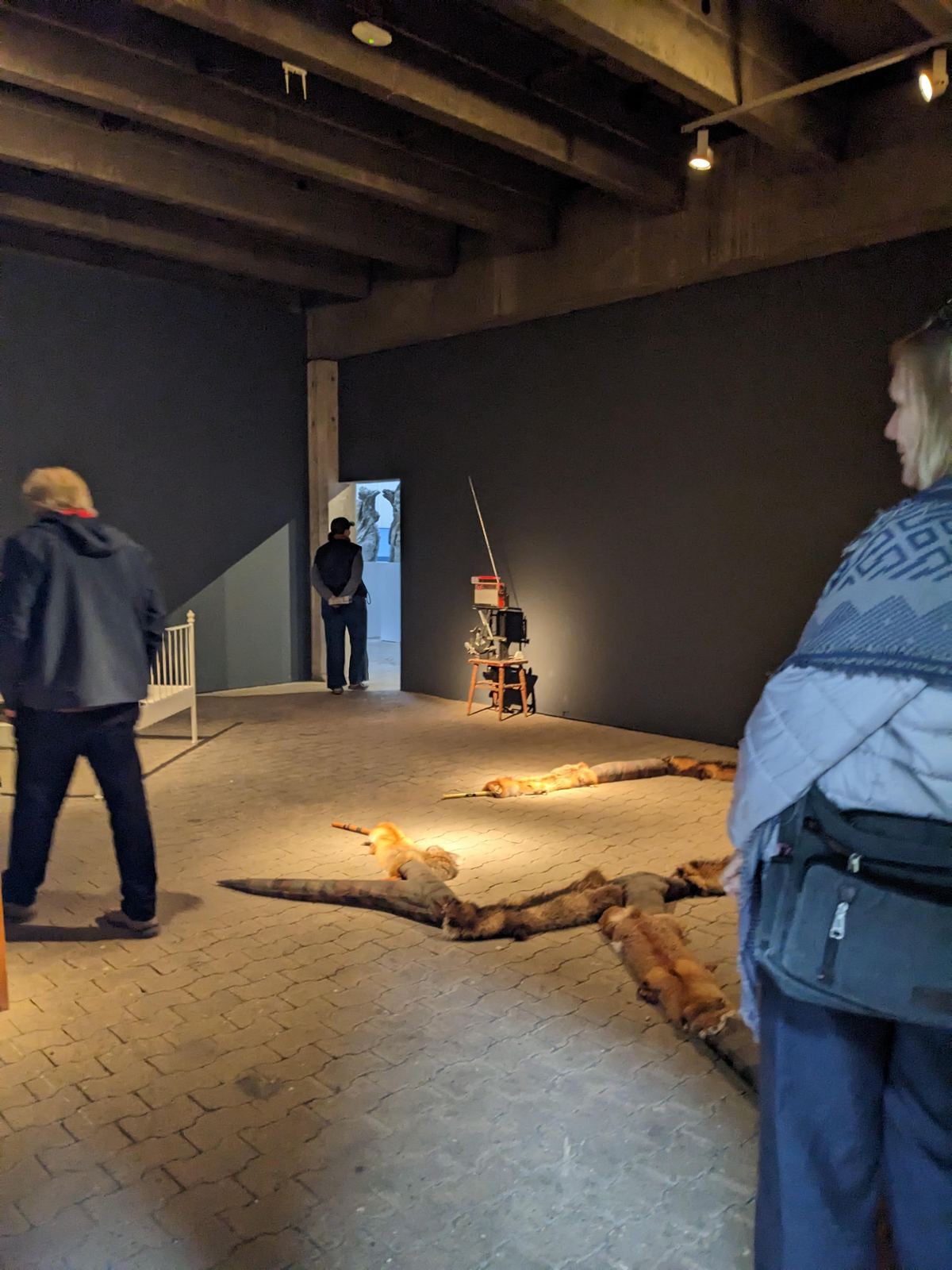 Dunkler Ausstellungsraum mit einer bodennahen Installation aus Staubsauger und langen, ausgestreckten Fuchsfellen, die wie Tentakel über den Boden verlaufen