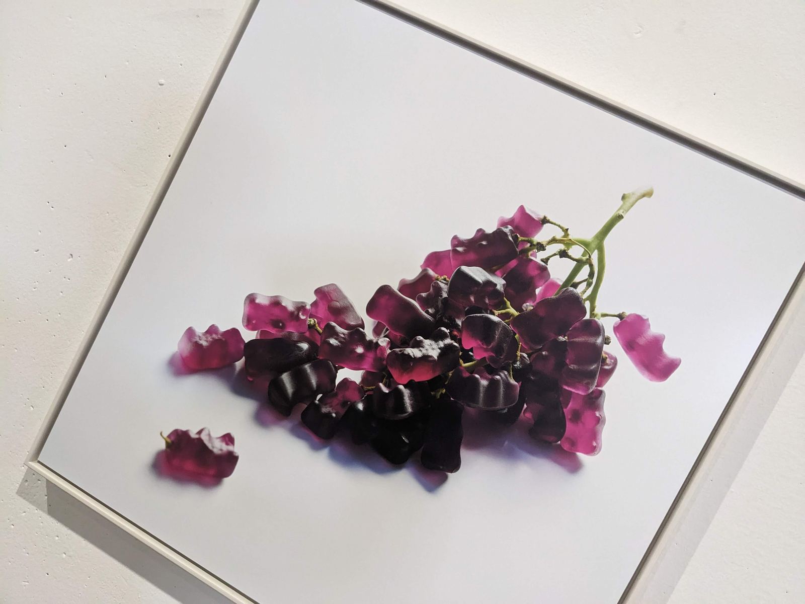 Eine Weintraube an echtem grünem Stiel, deren einzelne Beeren durch lila und dunkelviolette Gummibärchen ersetzt wurden